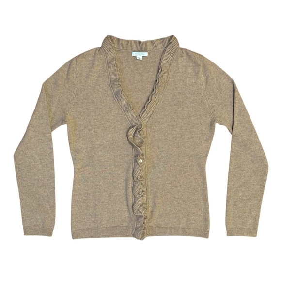 Garnet Hill Sweaters - Garnet Hill | Cashmere Cardigan Sweater Ruffle Edge Pearl Button Tan, Small